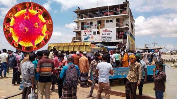 নেই স্বাস্থ্যবিধি ,ফেরিঘাটে ঘরমুখী মানুষের ভিড়
